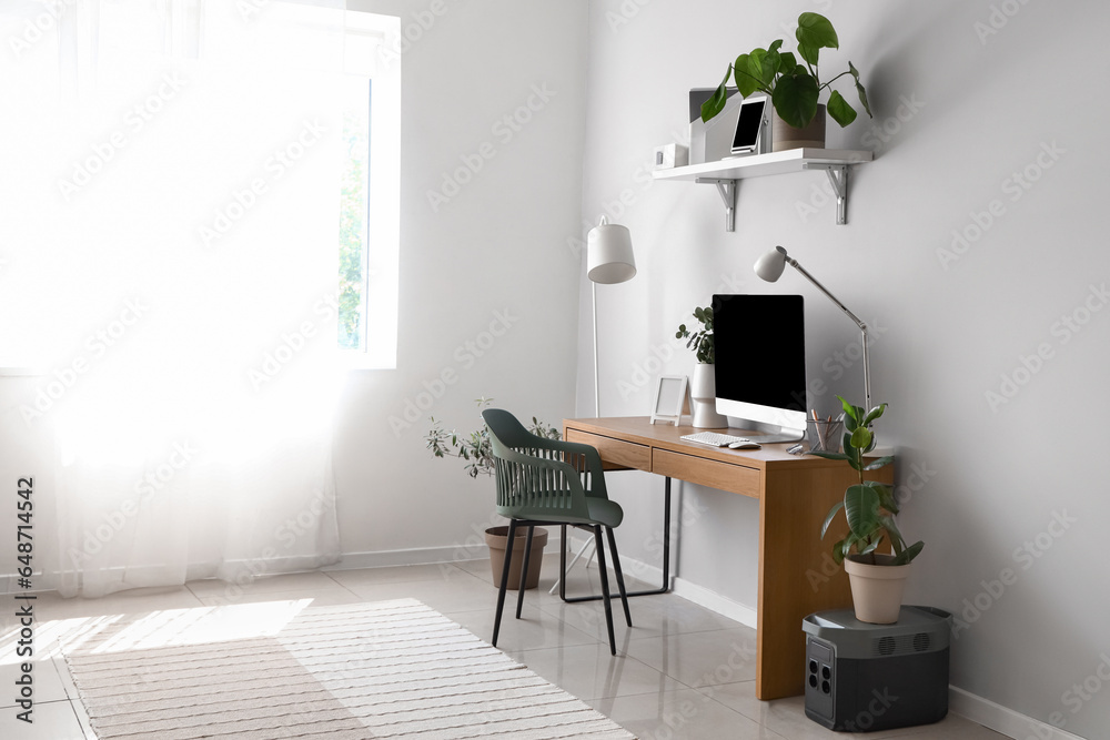 Interior of light office with programmers workplace, shelf and houseplants