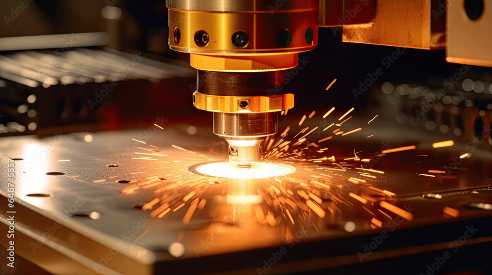 CNC Laser cutting of metal, The laser optics and CNC (computer numerical control) are used to direct the material or the laser beam generated  in the industrial. Generative Ai