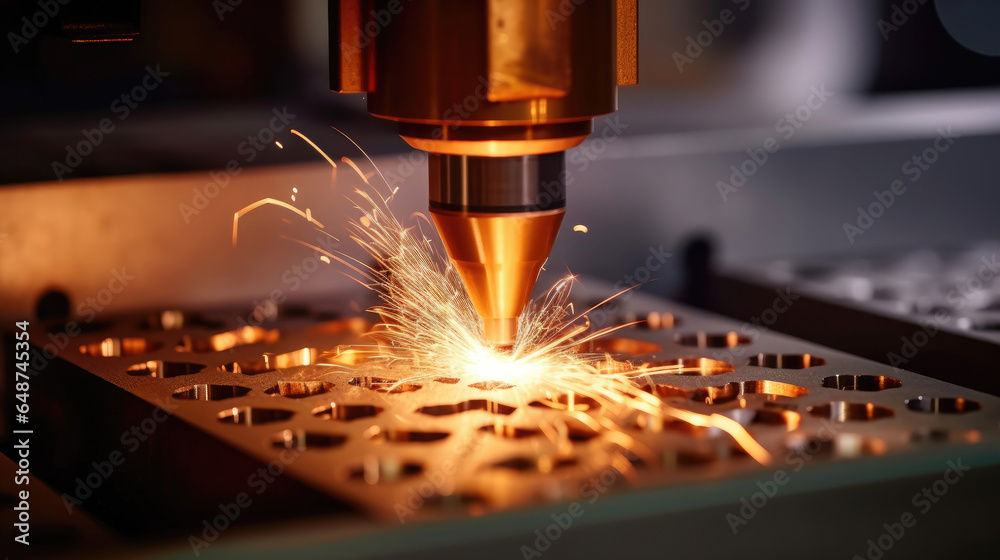 CNC Laser cutting of metal, The laser optics and CNC (computer numerical control) are used to direct the material or the laser beam generated  in the industrial. Generative Ai