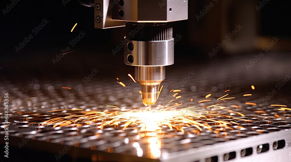 CNC Laser cutting of metal, The laser optics and CNC (computer numerical control) are used to direct the material or the laser beam generated  in the industrial. Generative Ai