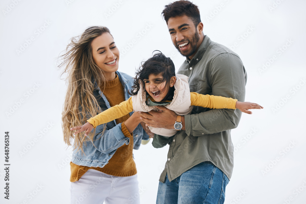 Airplane, sky background or child with parents playing for a family bond with love, smile or care. Mom, flying or happy Indian dad with a girl kid to enjoy fun outdoor games on a holiday together