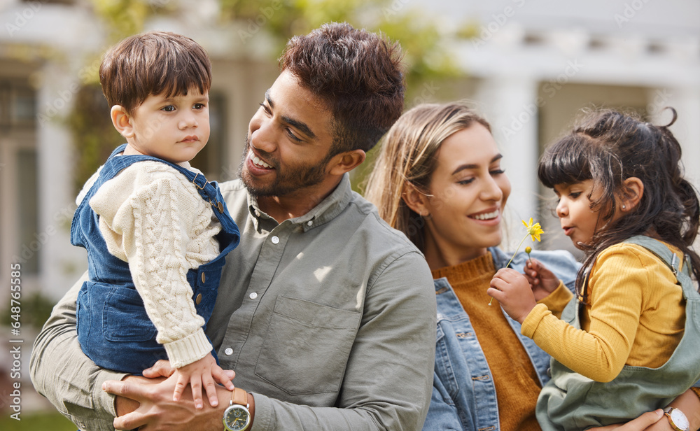 Mother, father and happy outdoor with children and a flower in spring with love, care and security. A man, woman and kids or young family in a backyard to relax while bonding on holiday or vacation