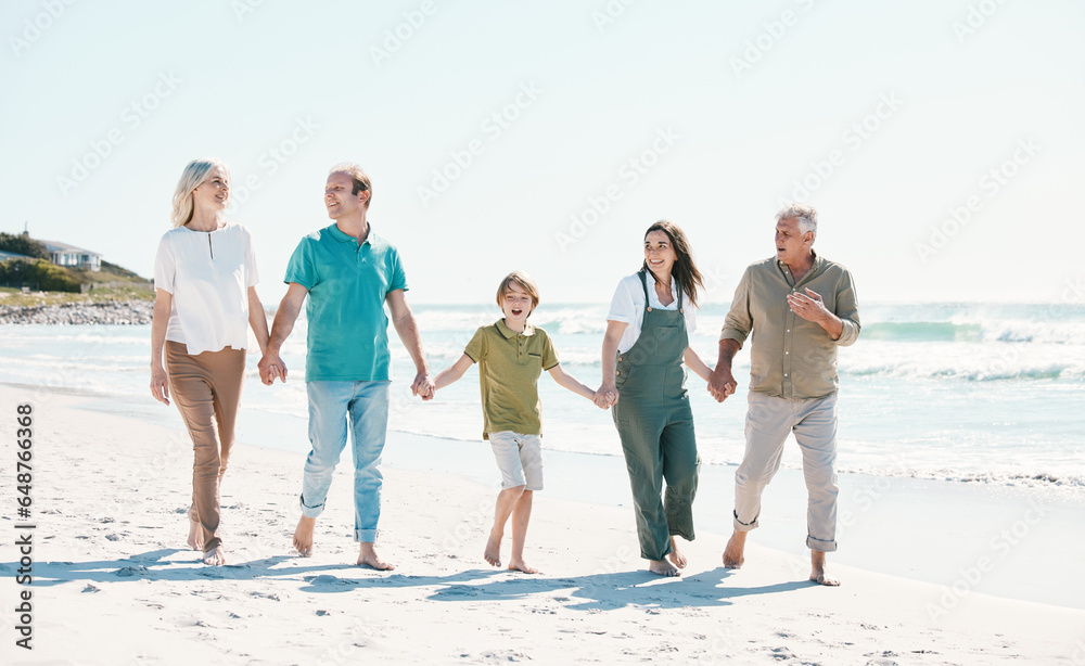 Walking, beach and family holding hands together on vacation, holiday or tropical weekend trip. Happy, travel and child with parents and grandparents bonding by ocean or sea on adventure in Australia