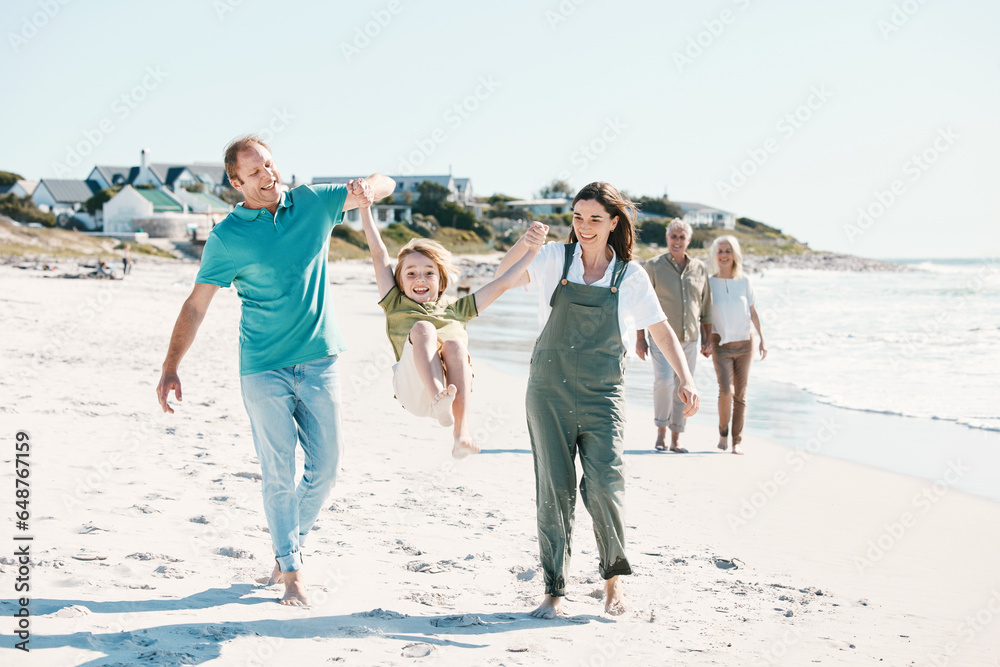 Walking, adventure and family generations on a beach together on vacation, holiday or weekend trip. Happy, travel and child with parents and grandparents bonding by ocean or sea in Australia.