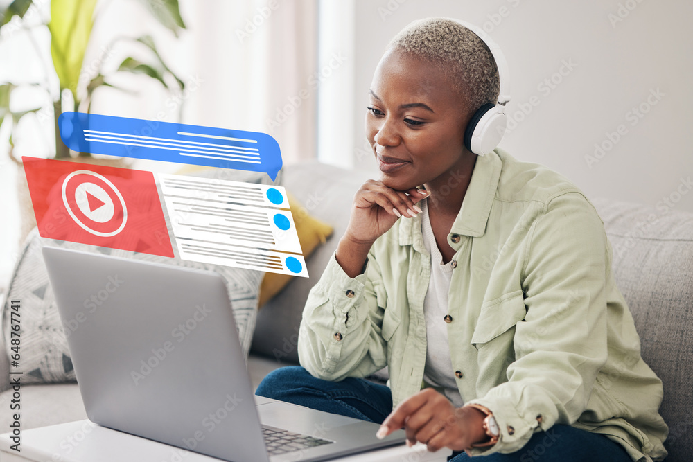 Home, laptop and black woman with headphones, hologram and connection with digital app, streaming music or notification. African person, girl or lady on a sofa, holographic or headset with info or pc