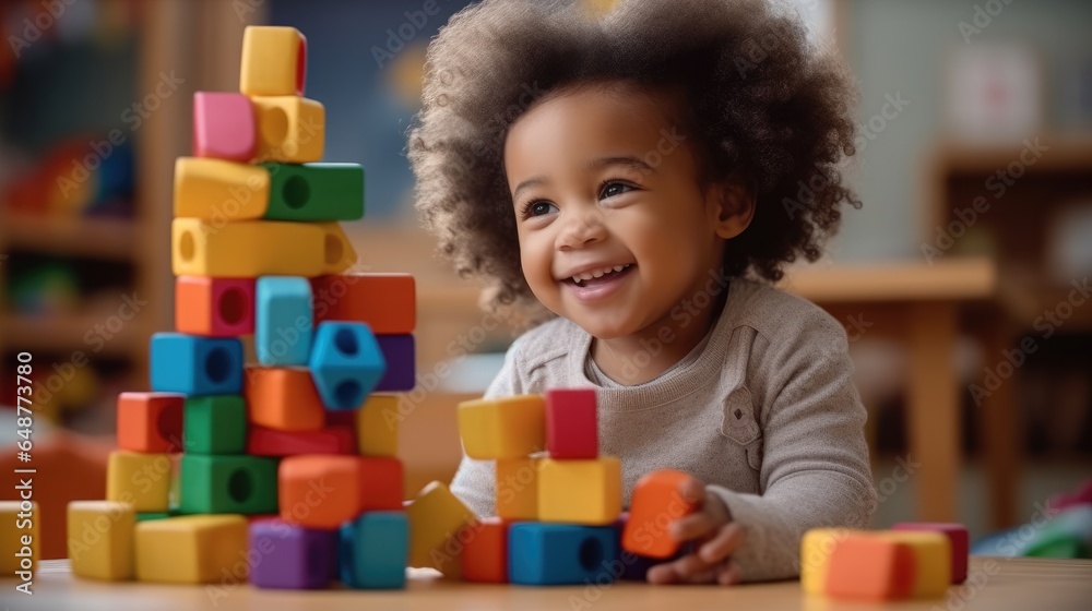 African American child playing with colorful block toys at living room.