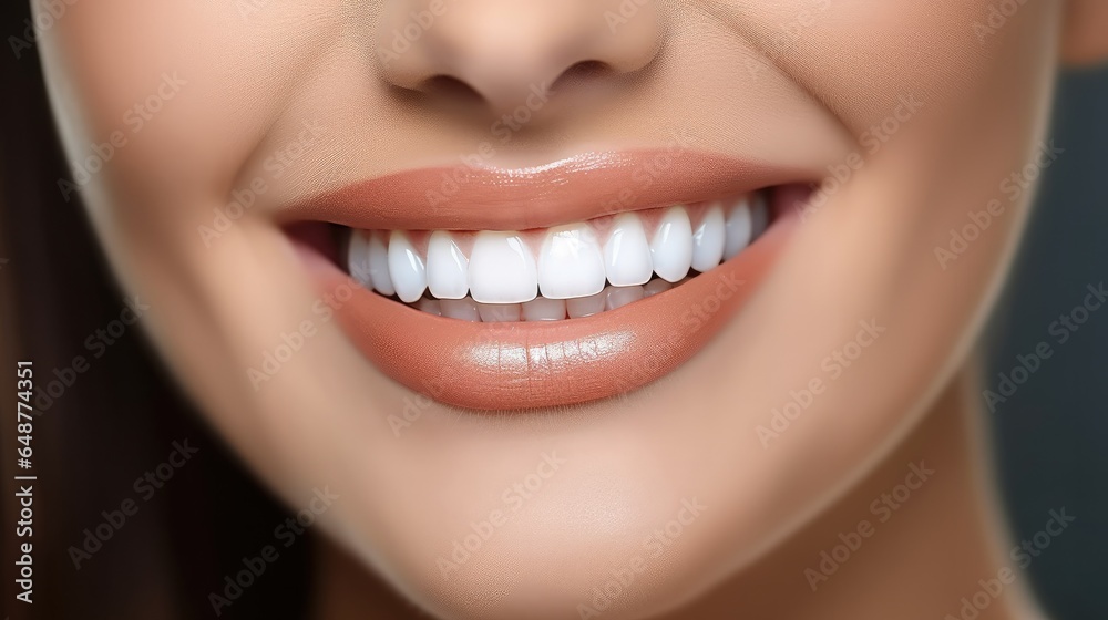 Close up cropped photo of beautiful woman mouth with perfect white bright smile and healthy teeth.