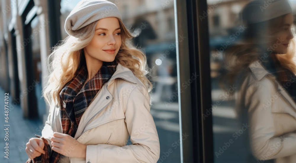 Portrait of Elegant cute blonde walking in a city, Travel concept.