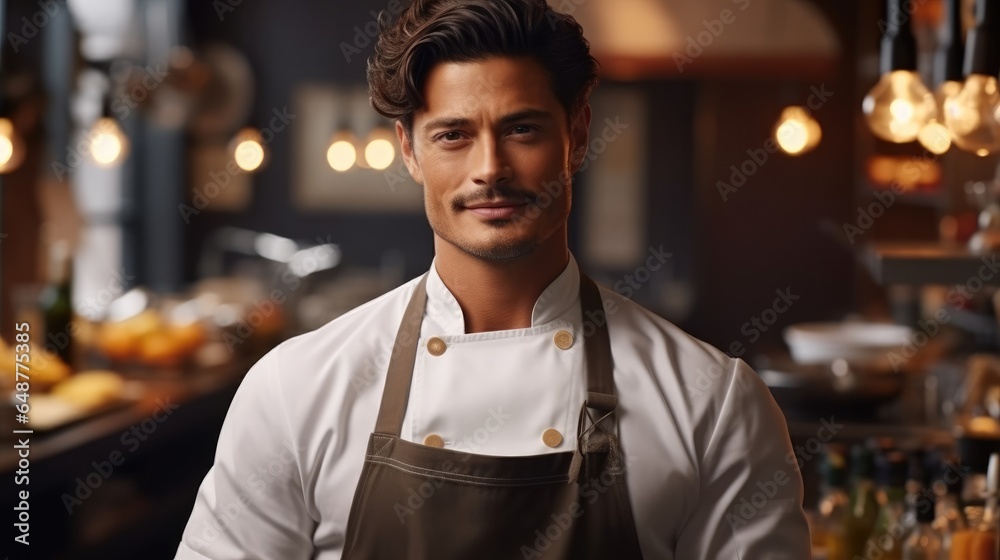 Handsome man chef standing in the kitchen.