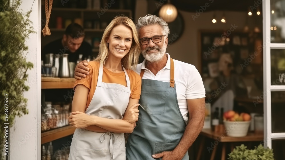 Happy Mature Couple Organic Cafe Owners Posing Together Outdoors, Were proud to be open.