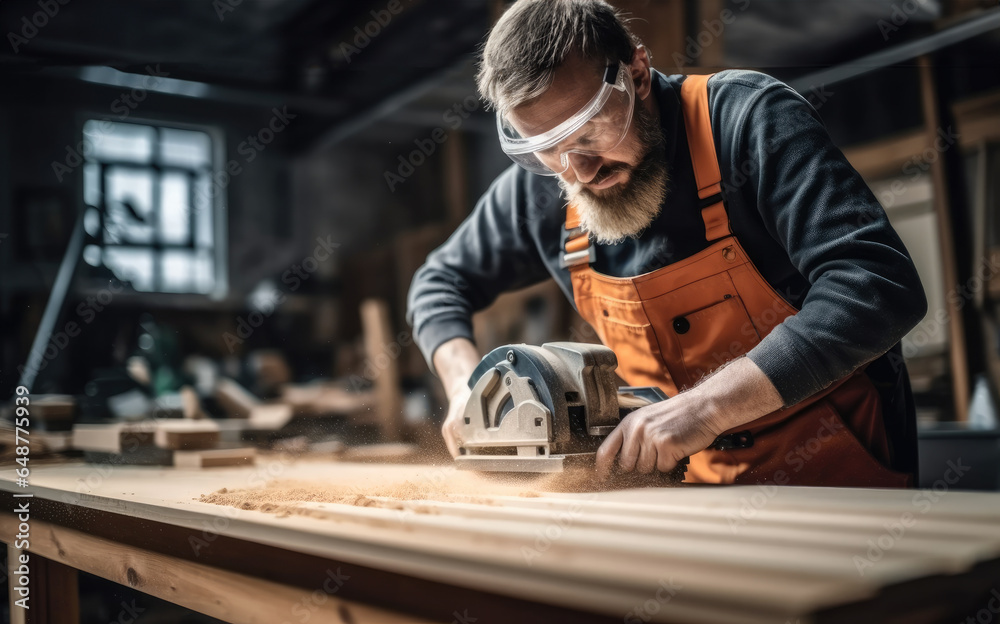 Man carpenter using circular saw while working on a piece of wood in home workshop.