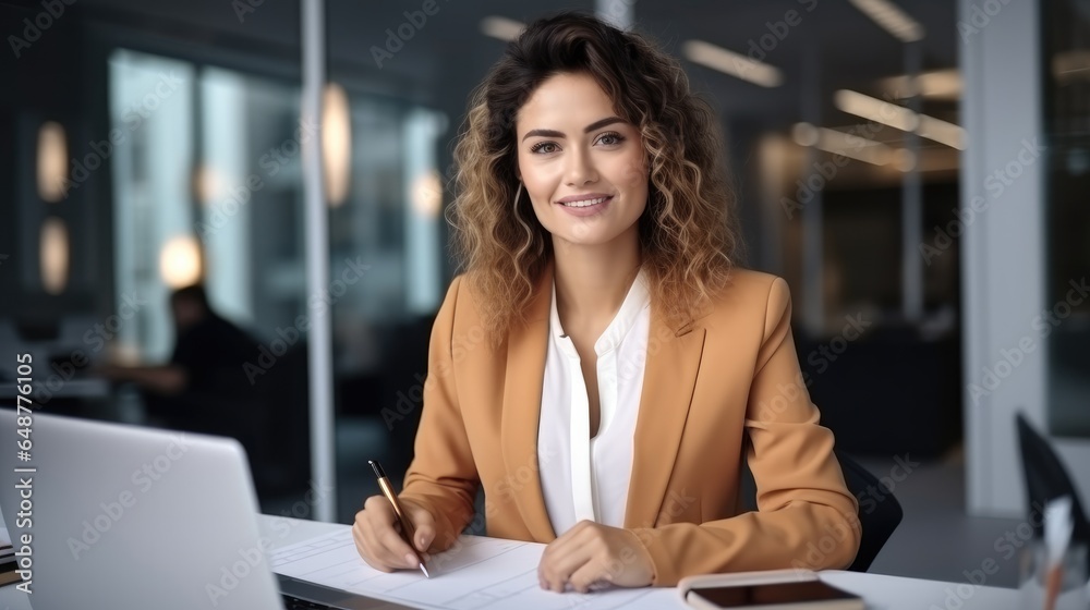 Female financier with calculating financial figures and checking reports with calculator at office.