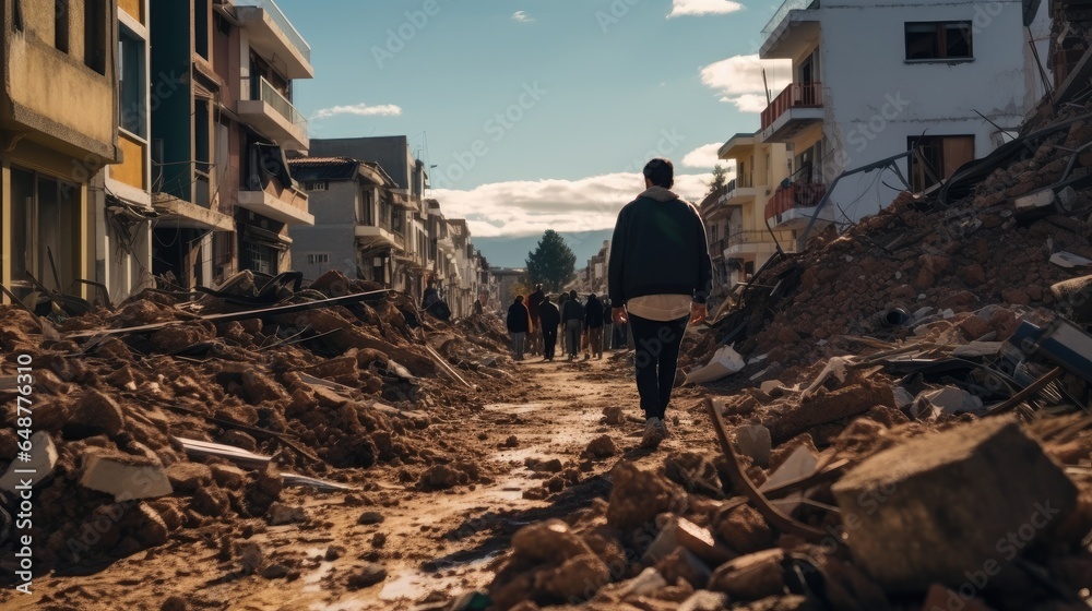 People on the streets after earthquake with debris of buildings.