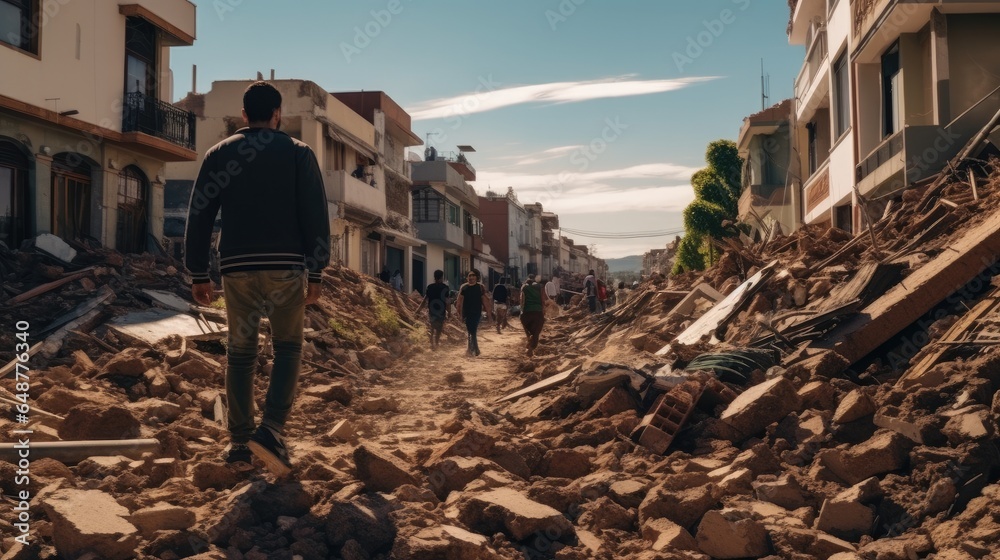 People on the streets after earthquake with debris of buildings.