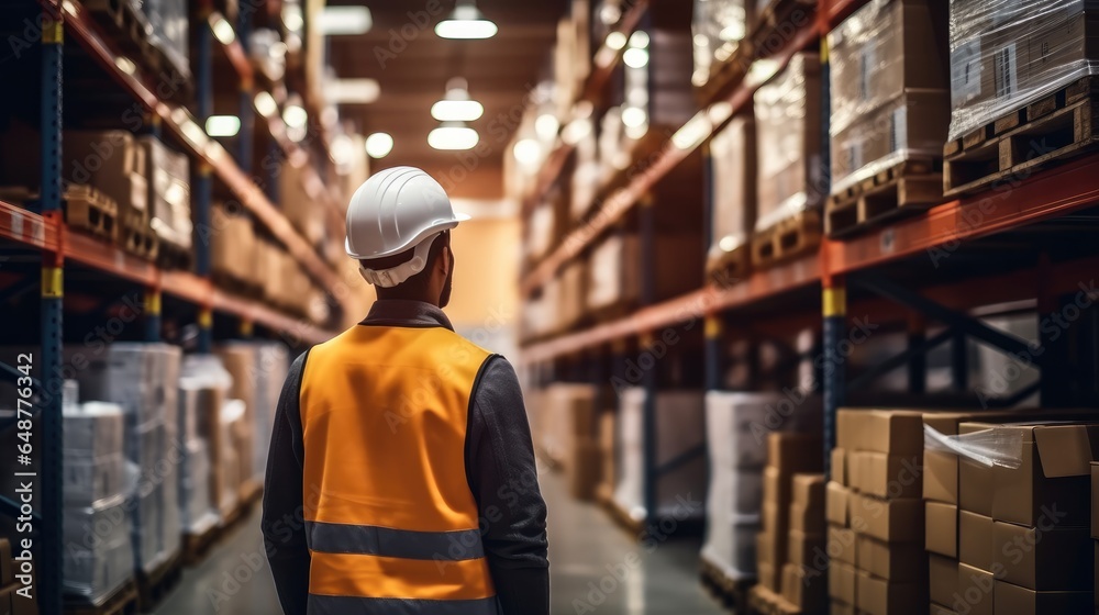 Warehouse worker checking cargo on shelves.