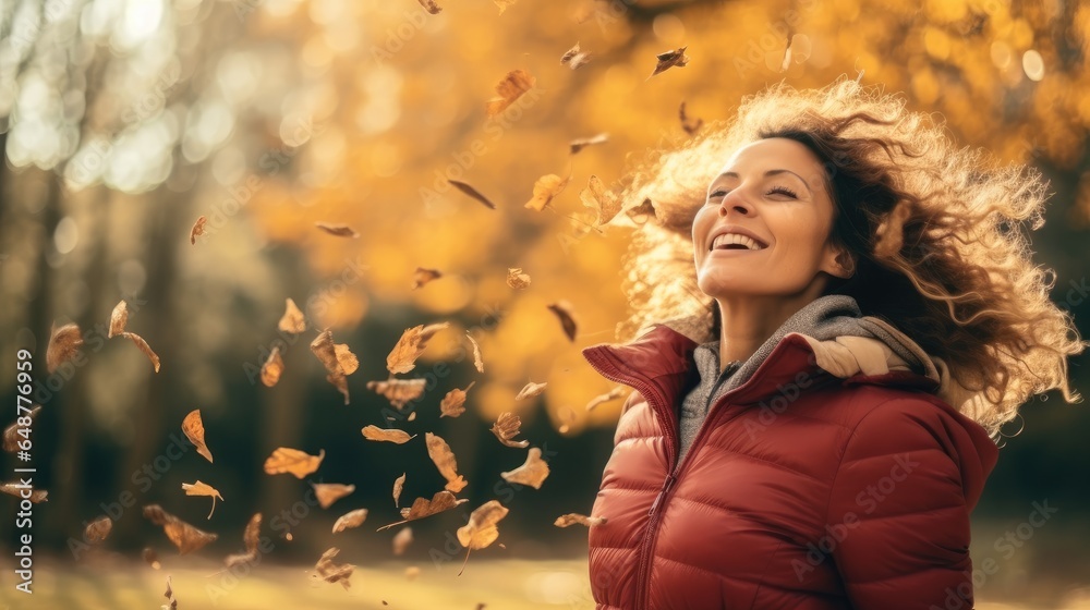 Woman having fun in autumn season at the park, Natural lifestyle lady enjoy life.