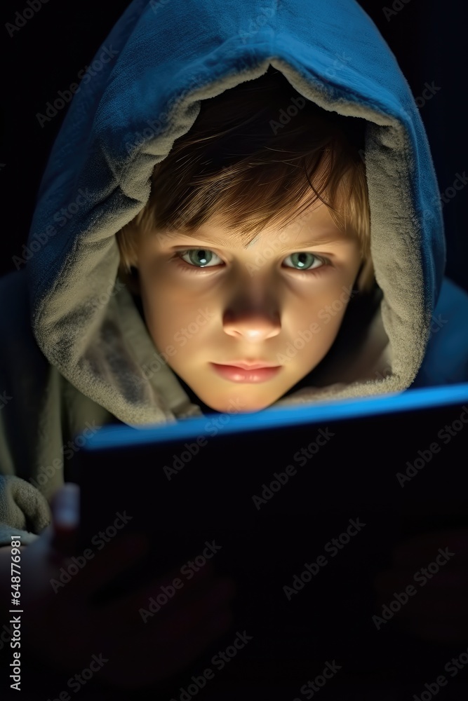 Little boy watching movie on smartphone tablet while laying in bed, Kids screen time concept.