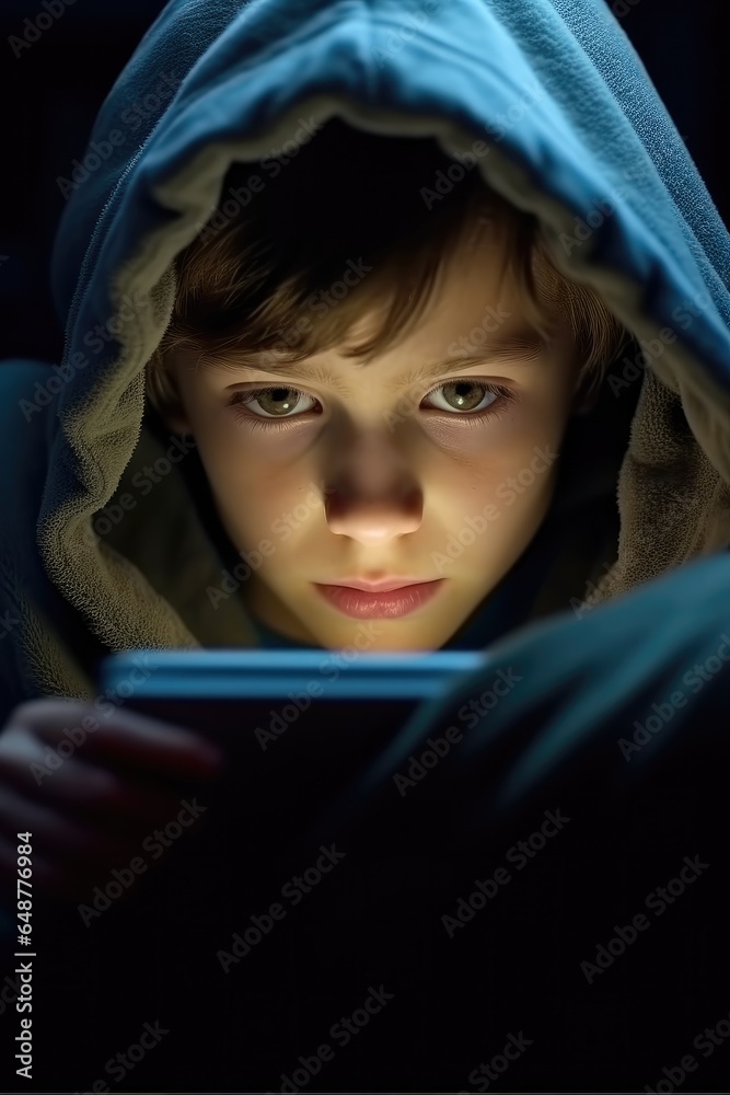 Little boy watching movie on smartphone tablet while laying in bed, Kids screen time concept.