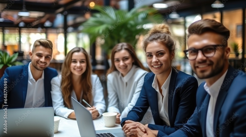 Smiling diverse business people sit at office desk talk laugh discussing business ideas together.