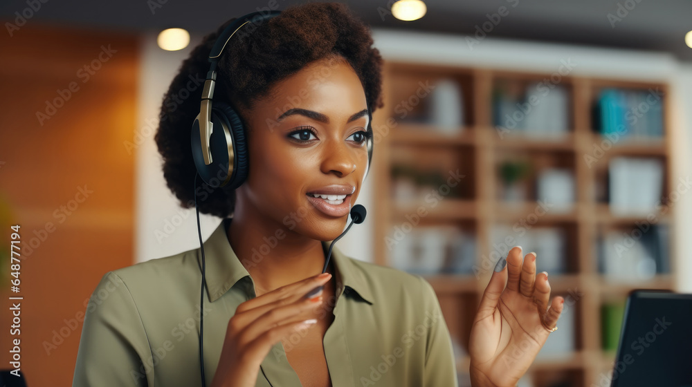 Call center, African American female employee doing interaction with consumer, Telemarketing, Customer service.