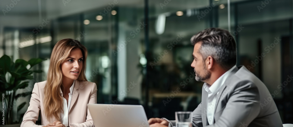 Two mature business executives having conversation at meeting, Discussing about digital corporate strategy in office.