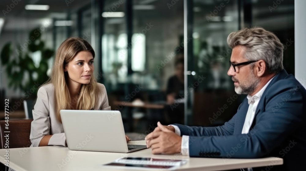 Two mature business executives having conversation at meeting, Discussing about digital corporate strategy in office.