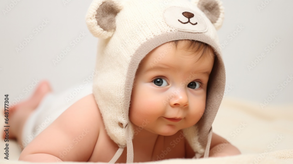 Newborn baby in funny hat, Cute.