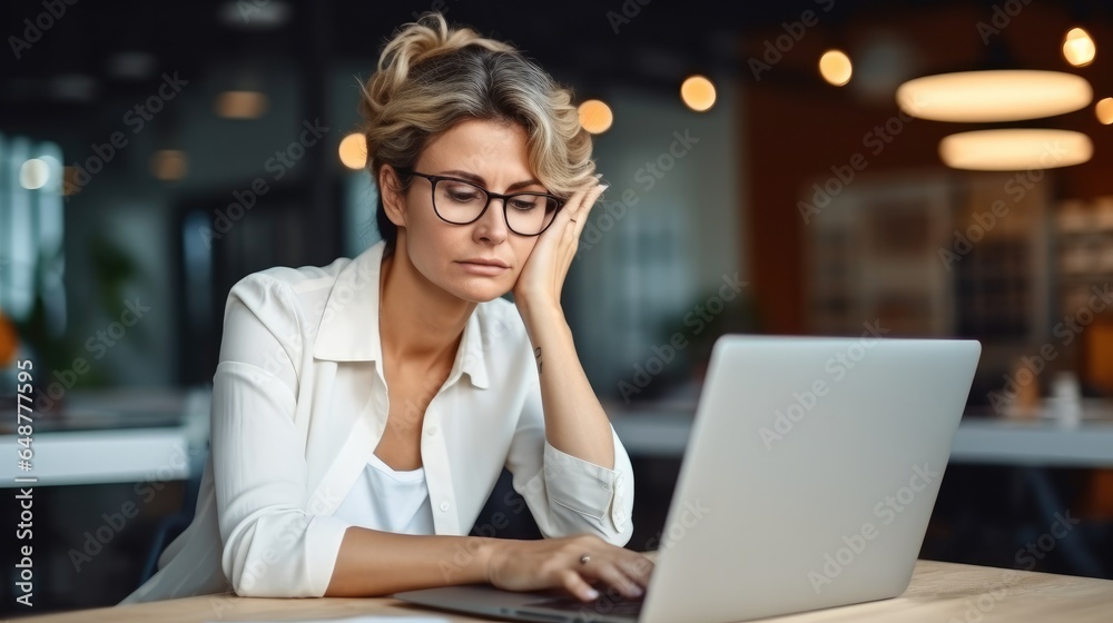 Business woman wearing glasses having headache at work, Stress at workplace.