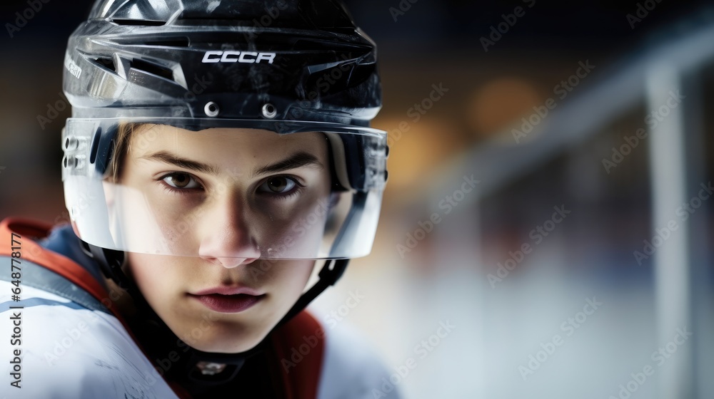 Portrait of young ice hockey player in helmet.