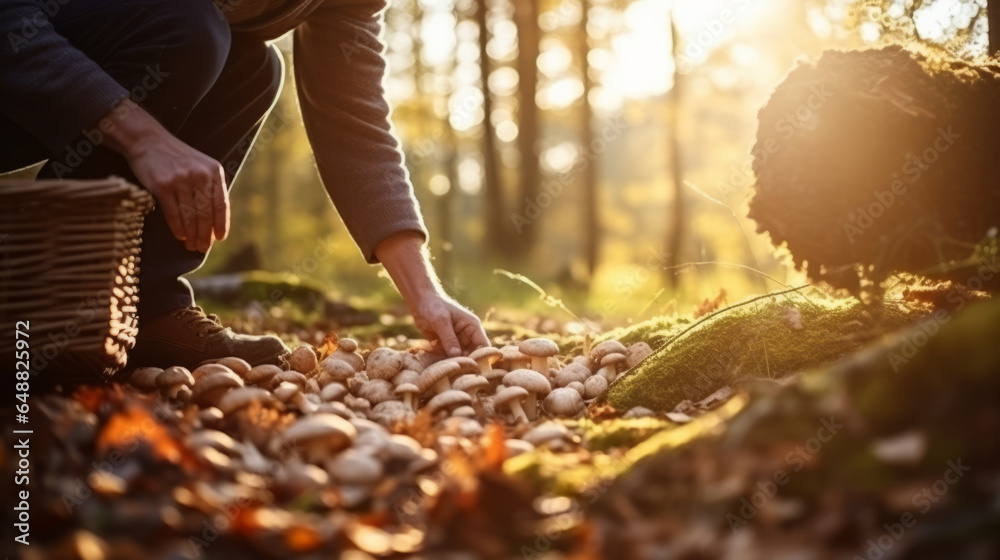 People picking up mushrooms in the wood with a basket , man harvesting wild mushroom in autumn