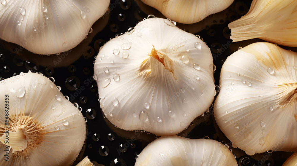 Fresh garlic with water drops background. Vegetables backdrop. Generative AI