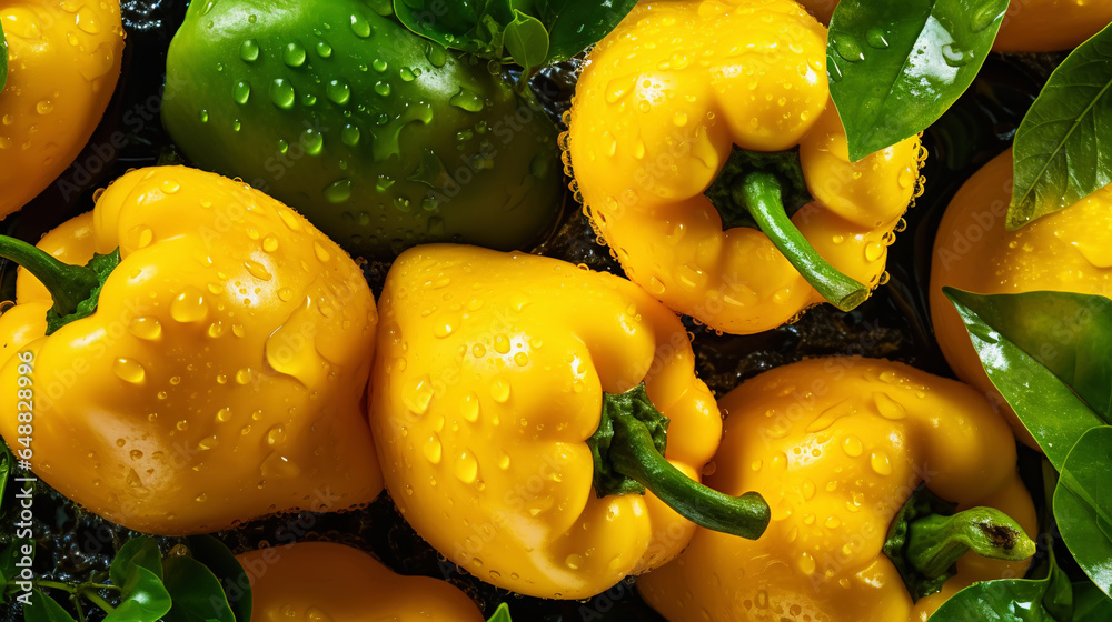 Fresh yellow bell peppers with water drops background. Vegetables backdrop. Generative AI