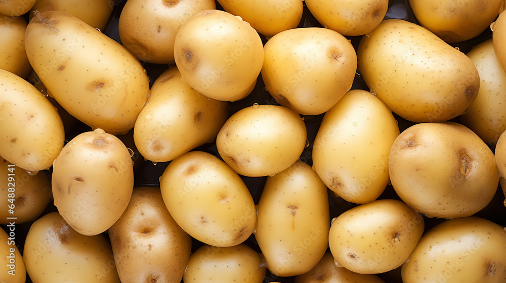 Fresh potatoes with water drops background. Vegetables backdrop. Generative AI