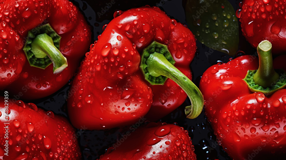 Fresh red bell peppers with water drops background. Vegetables backdrop. Generative AI