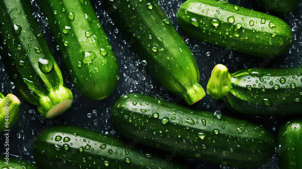 Freshgreen zucchini or courgettes with water drops background. Vegetables backdrop. Generative AI