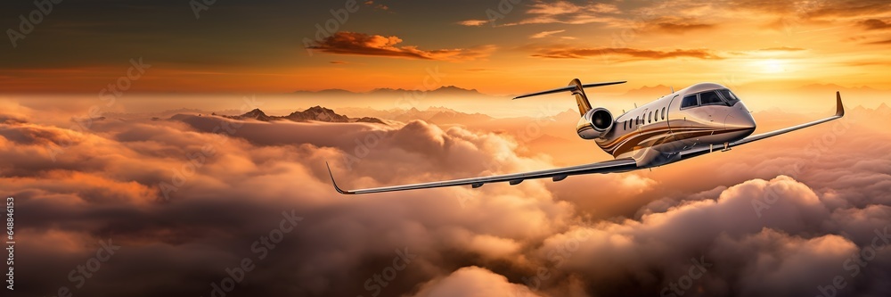 Luxury private jet flying above the clouds, beautiful sunset on background. Travel and airplane concept. Generative AI