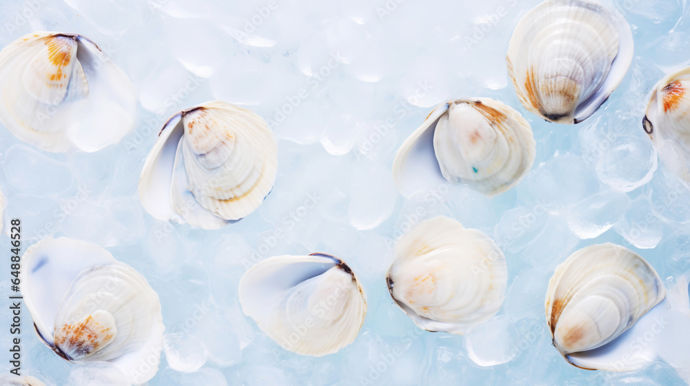 Top view on fresh clams in ice cubes. Sea food background. Generative AI