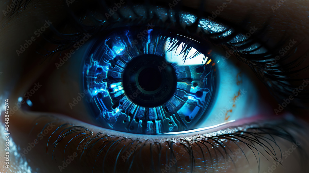 Female android robot eye close up. Digital iris of cyber woman. Bionic technology concept. Generative AI