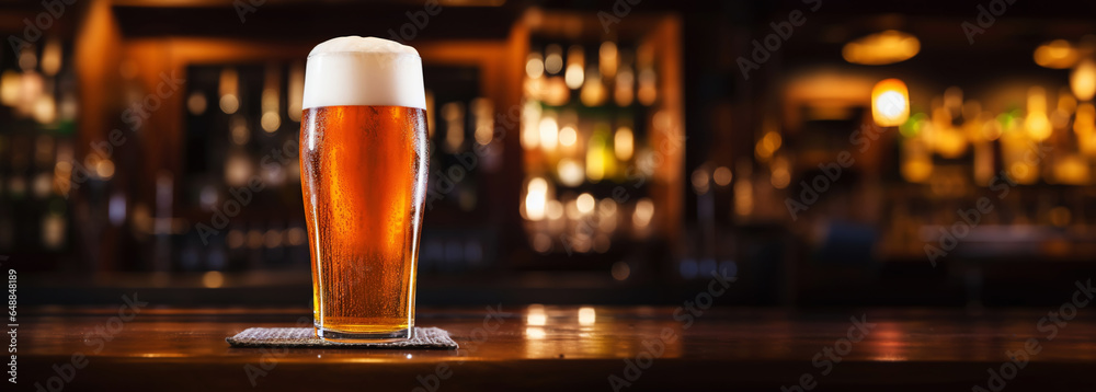 Pilsner glass of light beer on bar table in a dark pub with copy space. Generative AI