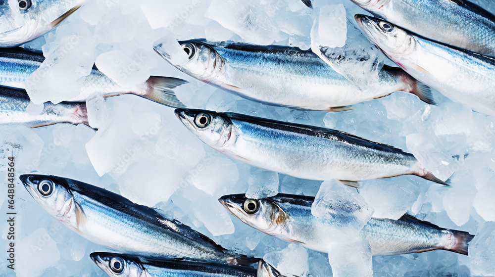  Fresh sardines on ice. Seafood background. Generative AI