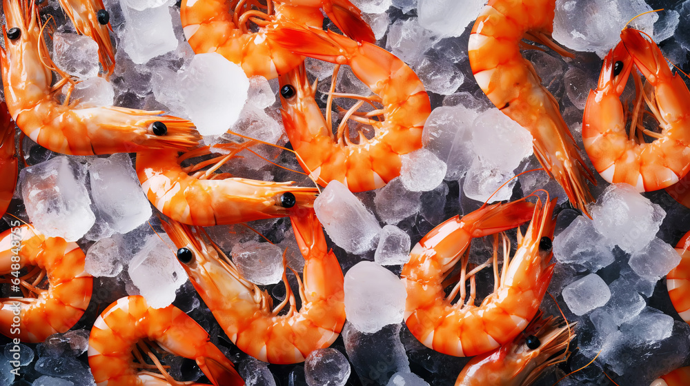 Top view of raw whole shrimps on ice. Seafood background. Generative AI