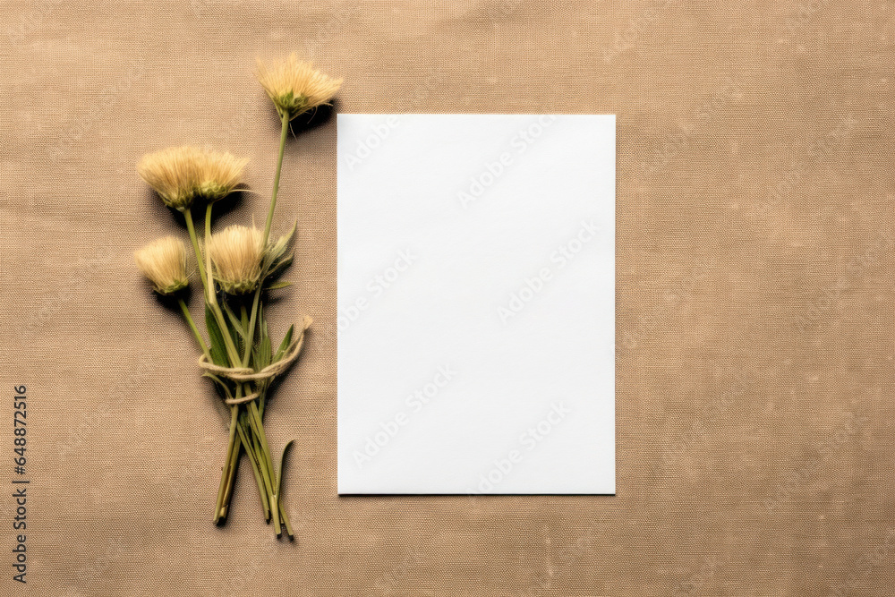 Blank greeting card with dried flowers on brown background, top view