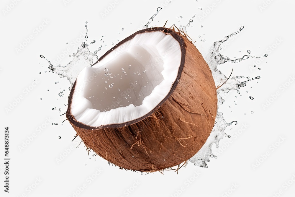 Fresh coconut with pieces and water splash with black reflection on black background