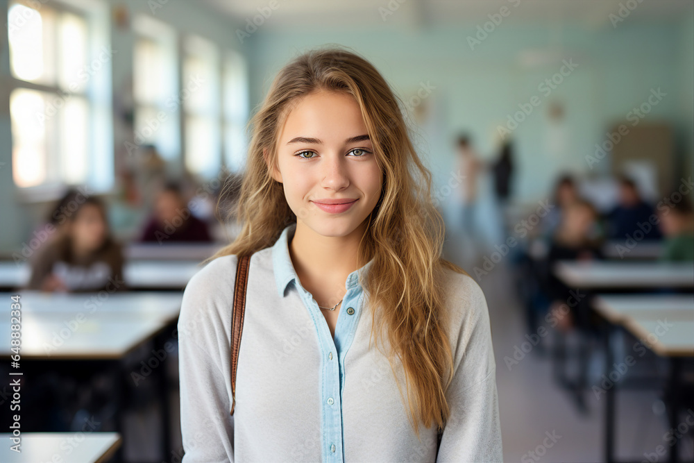 Photography generative AI concept of lovely girl high school student sitting at the table in classroom during lecture