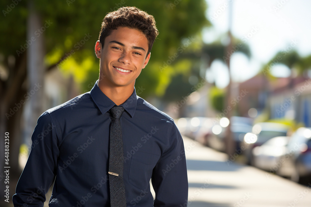 Generated by AI photo portrait of happy male college student on street going to campus first september and looking at camera