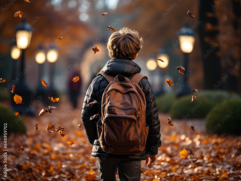 Back view of a boy with a backpack walking in the autumn park. Generative AI