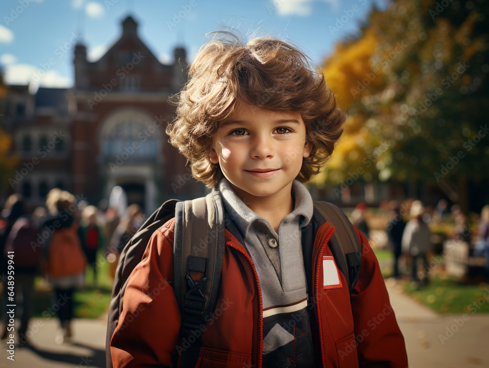 Portrait of a boy with a backpack in the autumn park. Generative AI