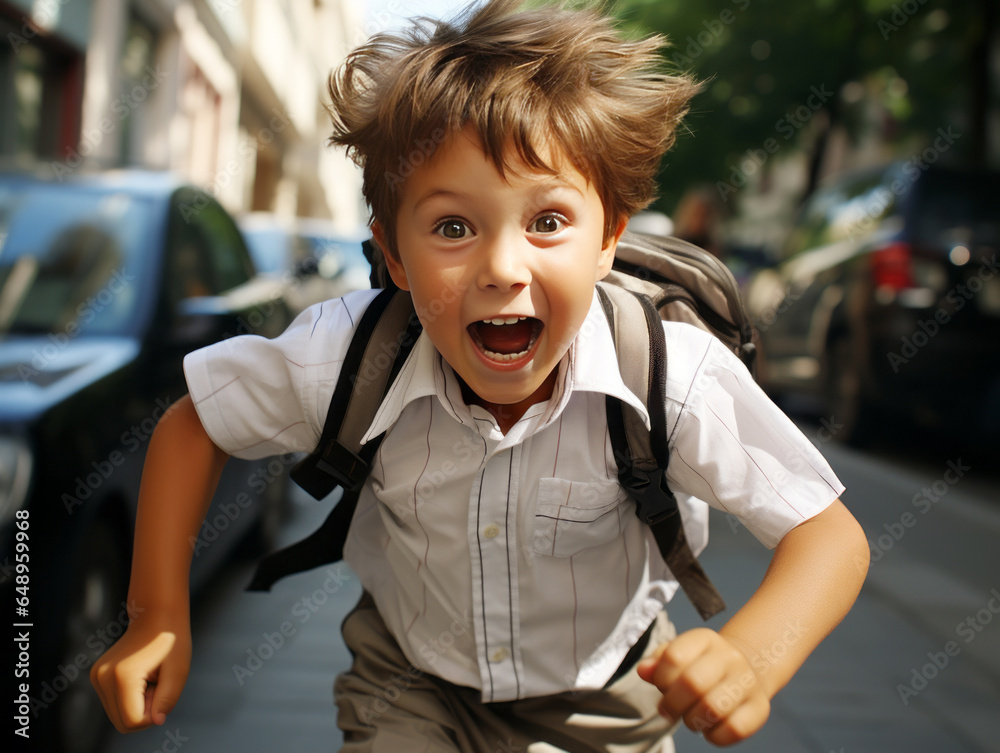 Portrait of a cute little boy with backpack running on the street. Generative AI