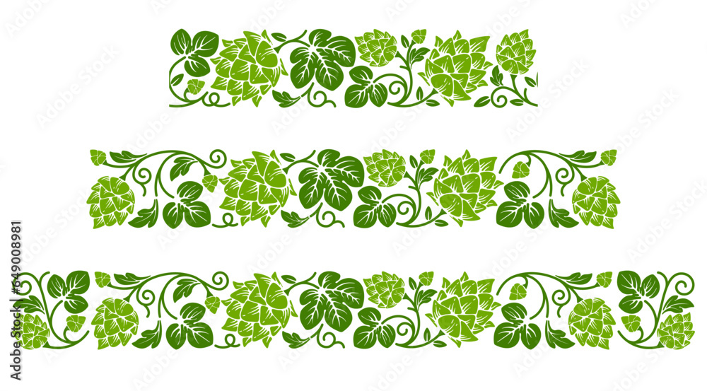 Set of border with patterns of hop plant or malt, ripe hops cones, branches and leaves. Seamless pattern, decoration and ornament with corner elements. Vector illustration