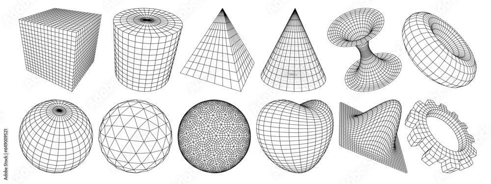 Collection of wireframe lowpoly 3d geometric shapes, Platonic solids. Surreal linear figures. Retro futuristic, cyberpunk, psychedelic style design elements set. Perspective view. Vector illustration